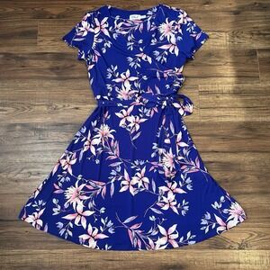 Eliza J Womens Large Cobalt Blue Floral Faux Wrap Dress Short Sleeve V Neck